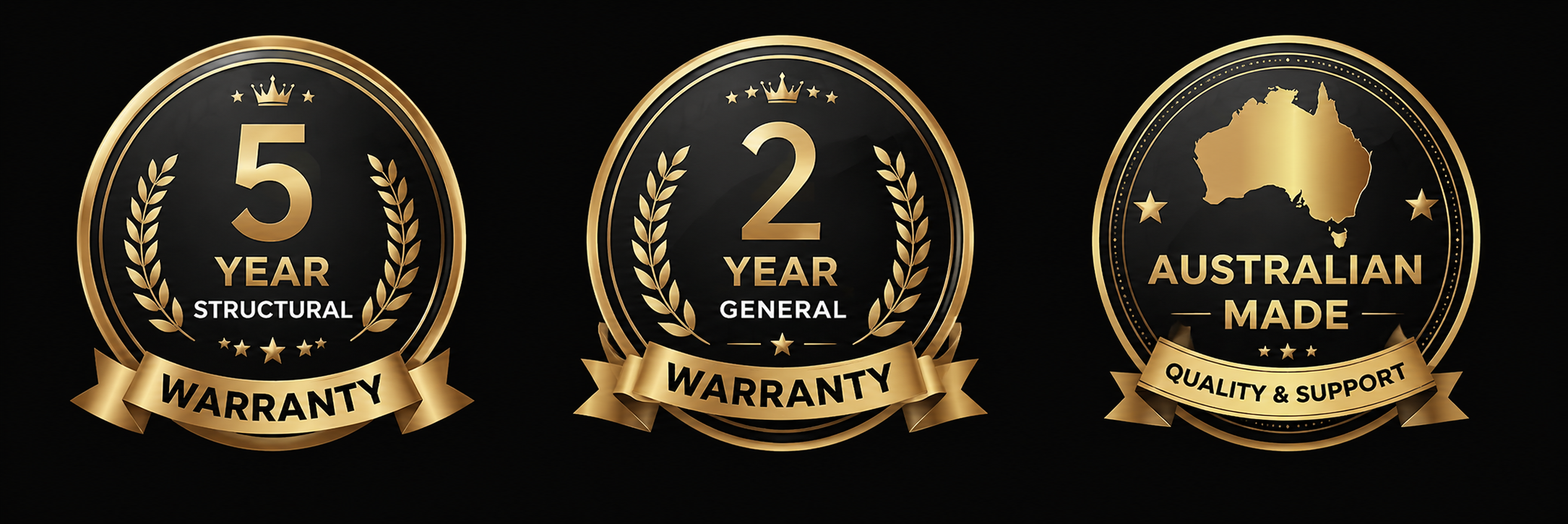 5-year structural warranty, 2-year general warranty, and Australian made — quality and support